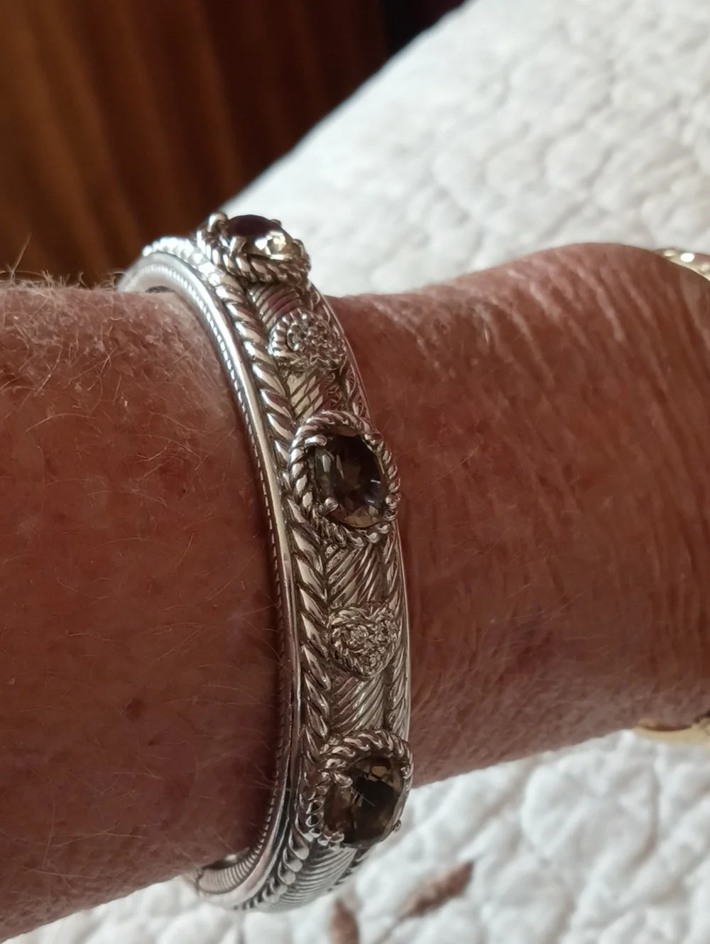 Judith Ripka Sterling Silver Ornate Cuff Bracelet, Smoky Topaz Stones EUC